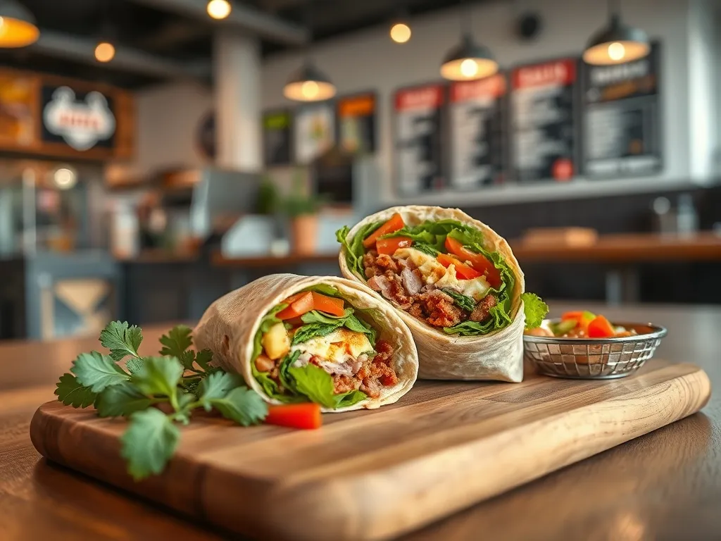 Apetyczny kebab na desce w nowoczesnym lokalu, podkreślający atrakcyjność dołączenia do franczyzy Bafra Kebab