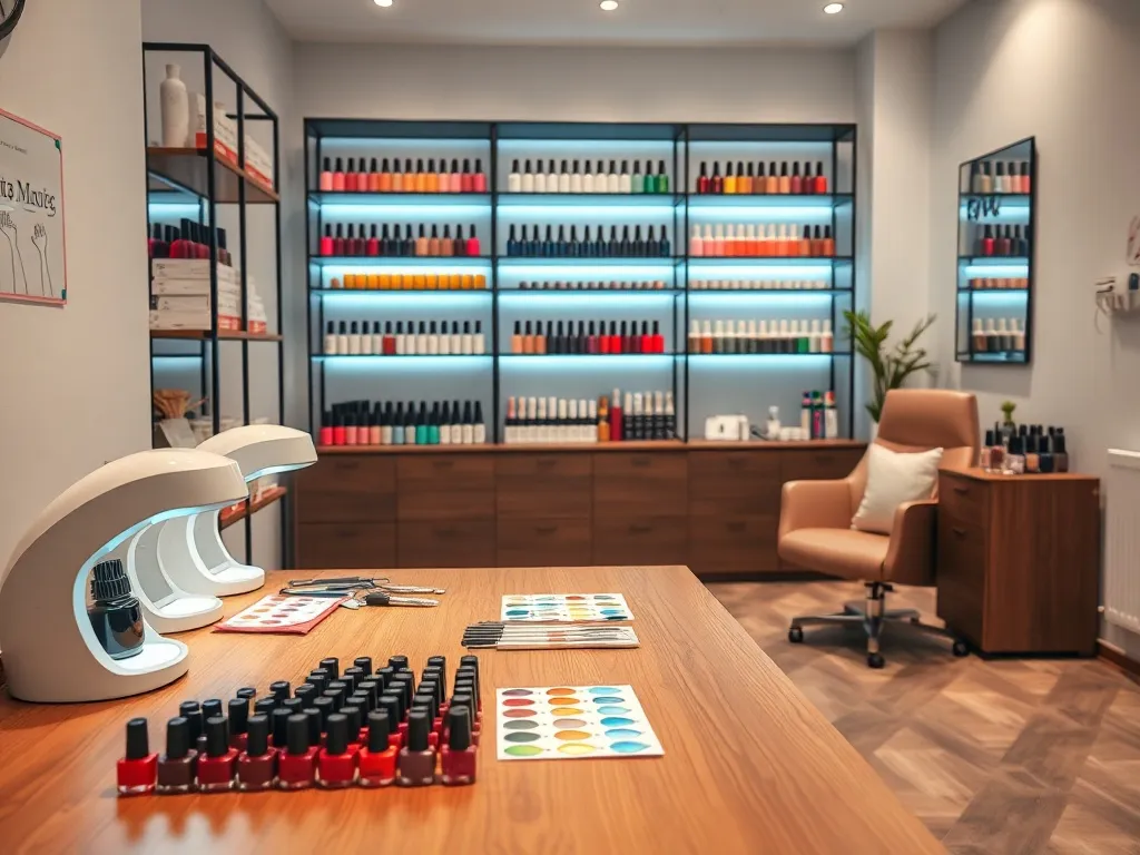 Nowoczesne wnętrze salonu manicure z uporządkowanym stanowiskiem pracy, prezentujące profesjonalny charakter gabinetu.