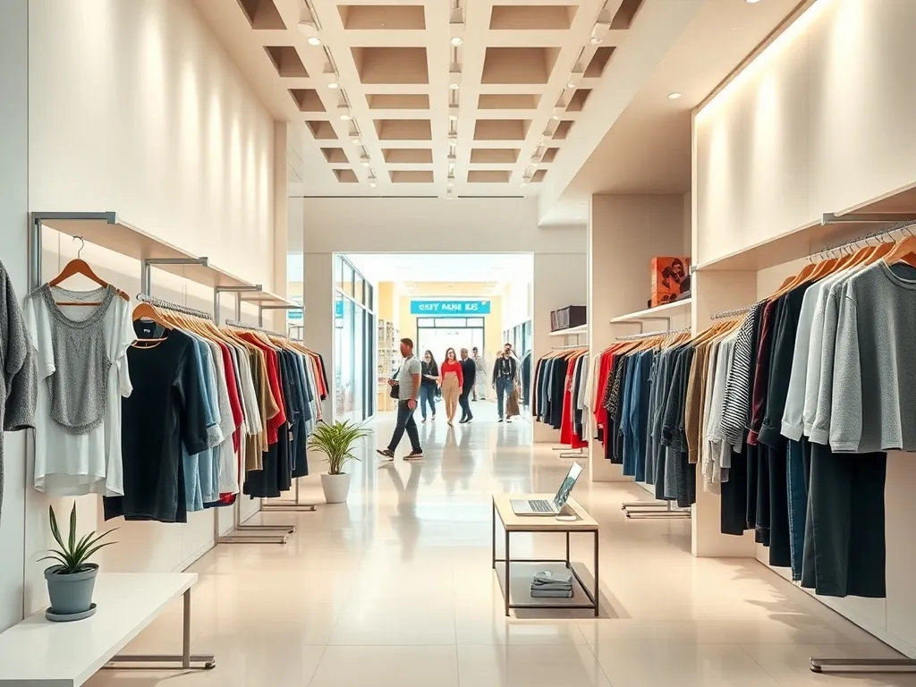 Nowoczesne wnętrze sklepu odzieżowego w galerii handlowej, schludne ekspozycje ubrań i przyjazna, zachęcająca atmosfera zakupów