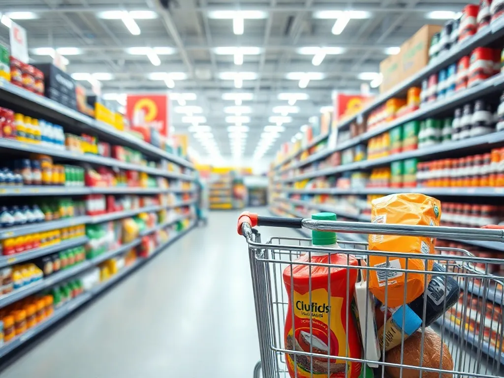 Wózek z zakupami w nowoczesnym, jasnym supermarkecie dyskontowym, szerokie alejki i półki podkreślają skalę sieci sklepów.
