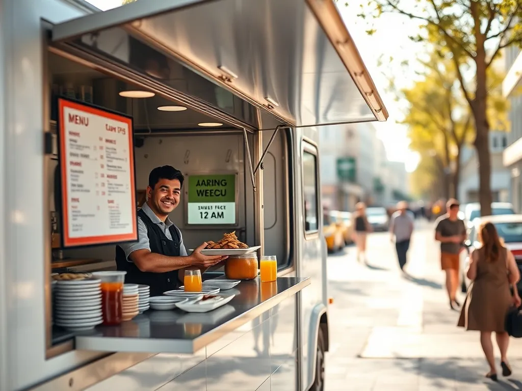 Nowoczesny food truck na słonecznej ulicy, uśmiechnięta obsługa podaje danie klientowi, przyjazna atmosfera franczyzy.