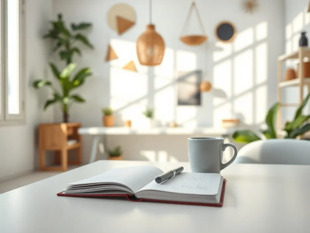 Minimalistyczne biurko z notesem, próbkami kolorów i kawą w jasnym studiu, sprzyjającym kreatywnemu wymyślaniu nazwy salonu.