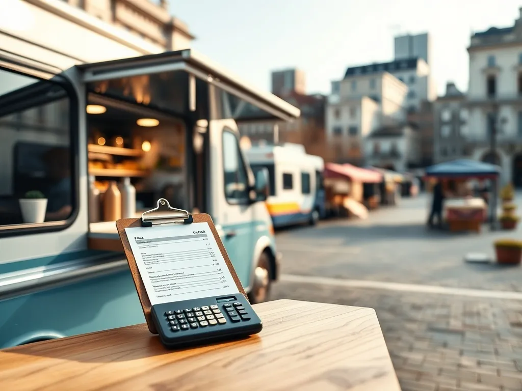 Nowoczesny food truck na miejskim placu z cennikiem i kalkulatorem, symbolizujący koszty wynajmu miejsca pod gastro biznes.