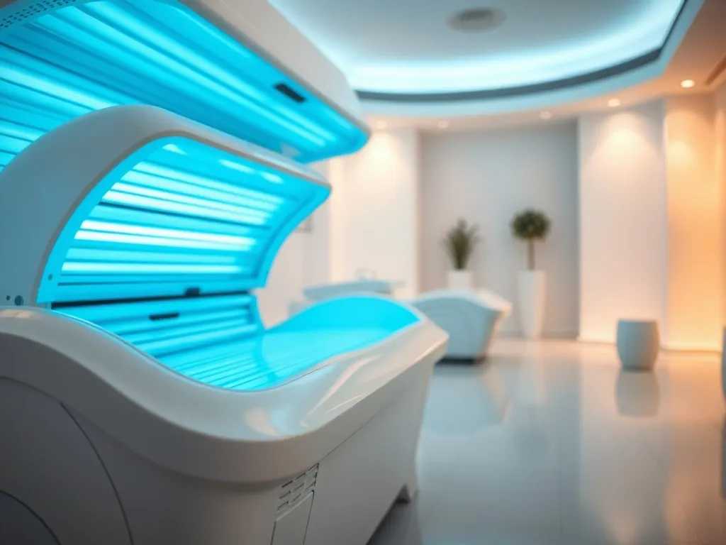Nowoczesne wnętrze studia solarium z zamkniętym łóżkiem i niebieskim podświetleniem, podkreślające profesjonalne warunki usług.