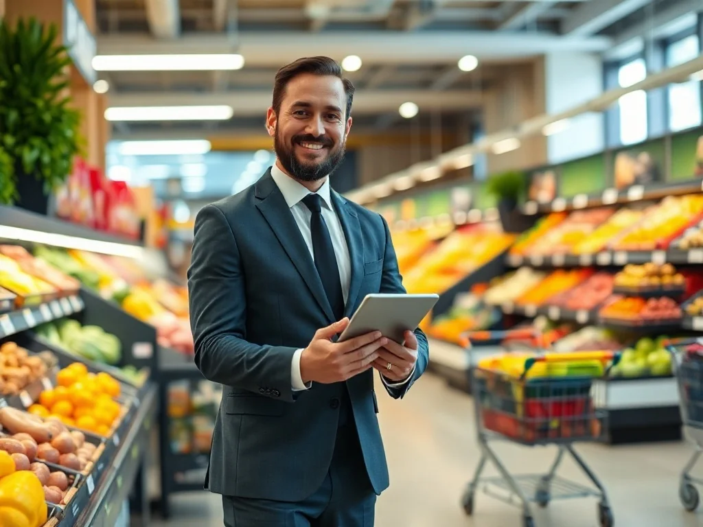 Elegancki przedsiębiorca z tabletem w nowoczesnym supermarkecie, stojący przy regale z kolorowymi warzywami i owocami.