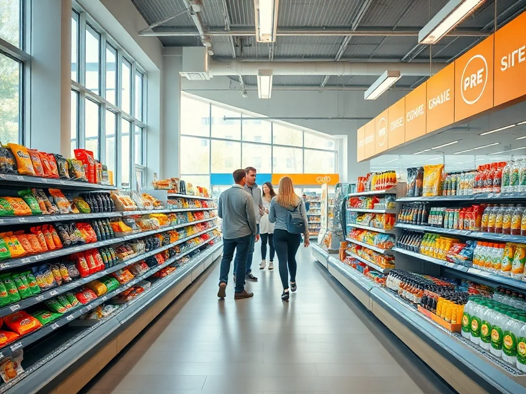 Wnętrze nowoczesnego sklepu convenience w Polsce, jasne alejki z produktami, sugerujące dużą sieć jak Żabka.