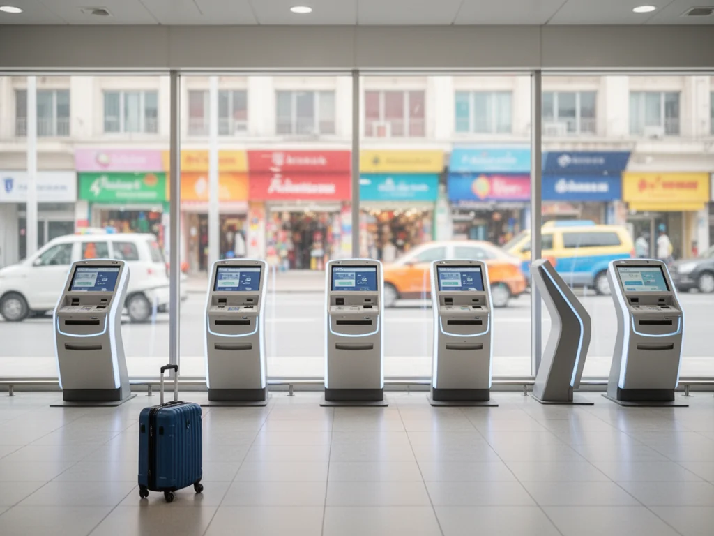Nowoczesna hala przylotów z futurystycznymi kioskami samoobsługowymi, sugerująca innowacyjne usługi dostępne za granicą.