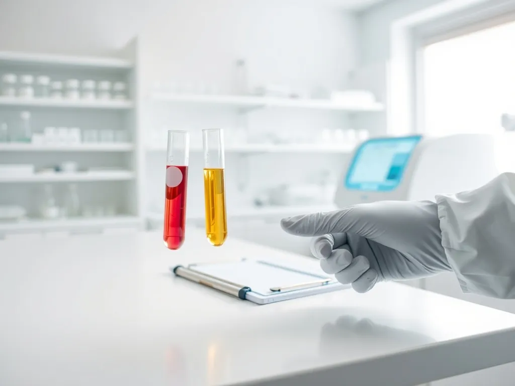 Ręka w rękawiczce porównuje dwie probówki z kolorowymi próbkami w nowoczesnym, jasnym laboratorium diagnostycznym.