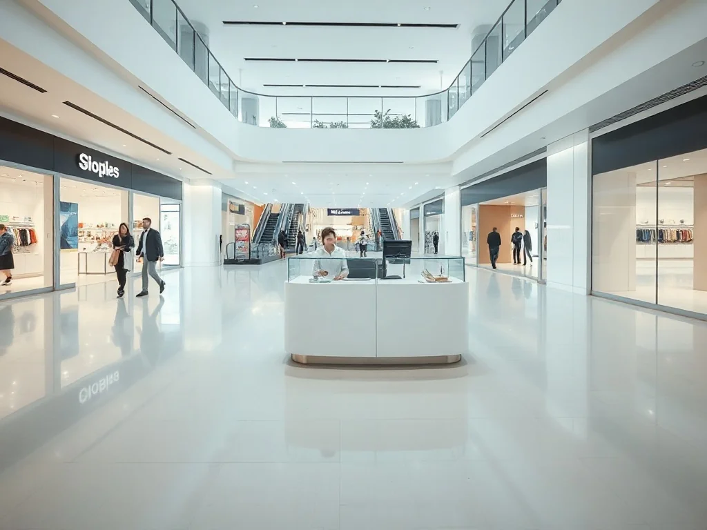 Nowoczesna wyspa handlowa w galerii z ekspedientką, pokazująca standard wynajmu i ekspozycji w centrum handlowym