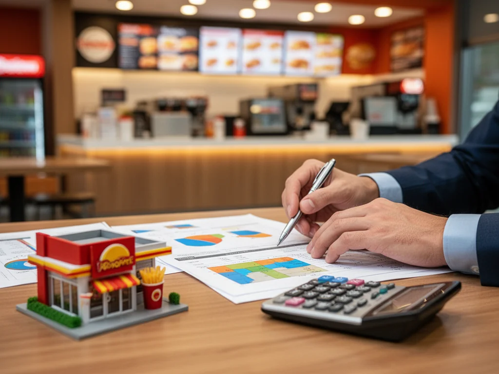 Osoba analizuje wykresy finansowe obok modelu restauracji fast food, symbolizując koszty i zyski franczyzy McDonald’s.