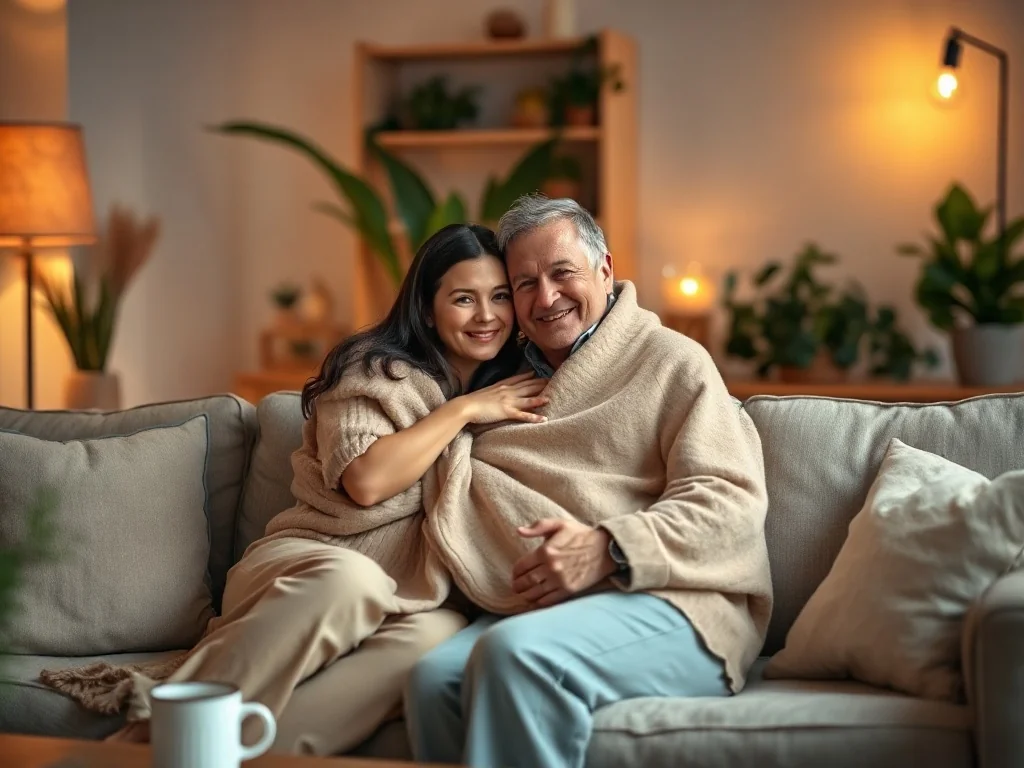 Para w domowym salonie siedzi przytulona na sofie pod kocem, w ciepłej, bezpiecznej atmosferze sesji przytulania.