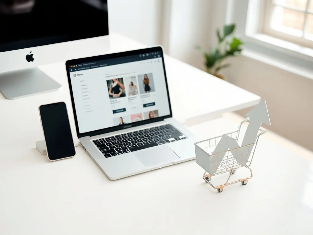 Laptop z widokiem sklepu online, smartfon i ikona koszyka symbolizują rosnącą sprzedaż w e‑commerce dzięki SEO.