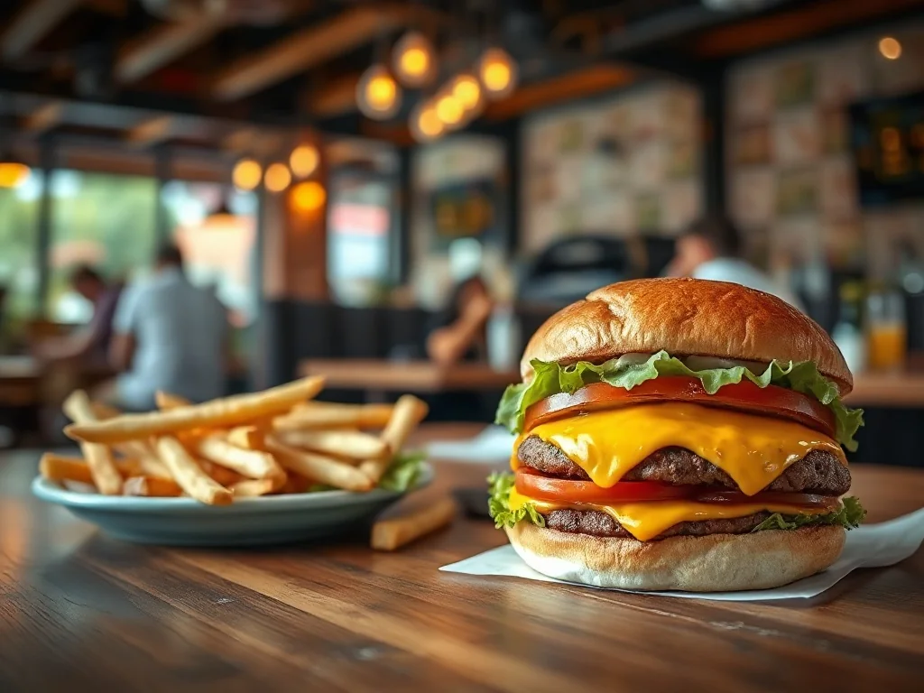Soczysty burger z frytkami w restauracji Burneika Burger, podkreślający apetyczny wygląd potraw przed zamówieniem.