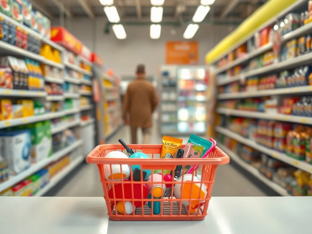 Koszyk z tanimi drobiazgami na ladzie w jasnym sklepie, w tle półki pełne produktów z dyskontu „wszystko po 5 zł”