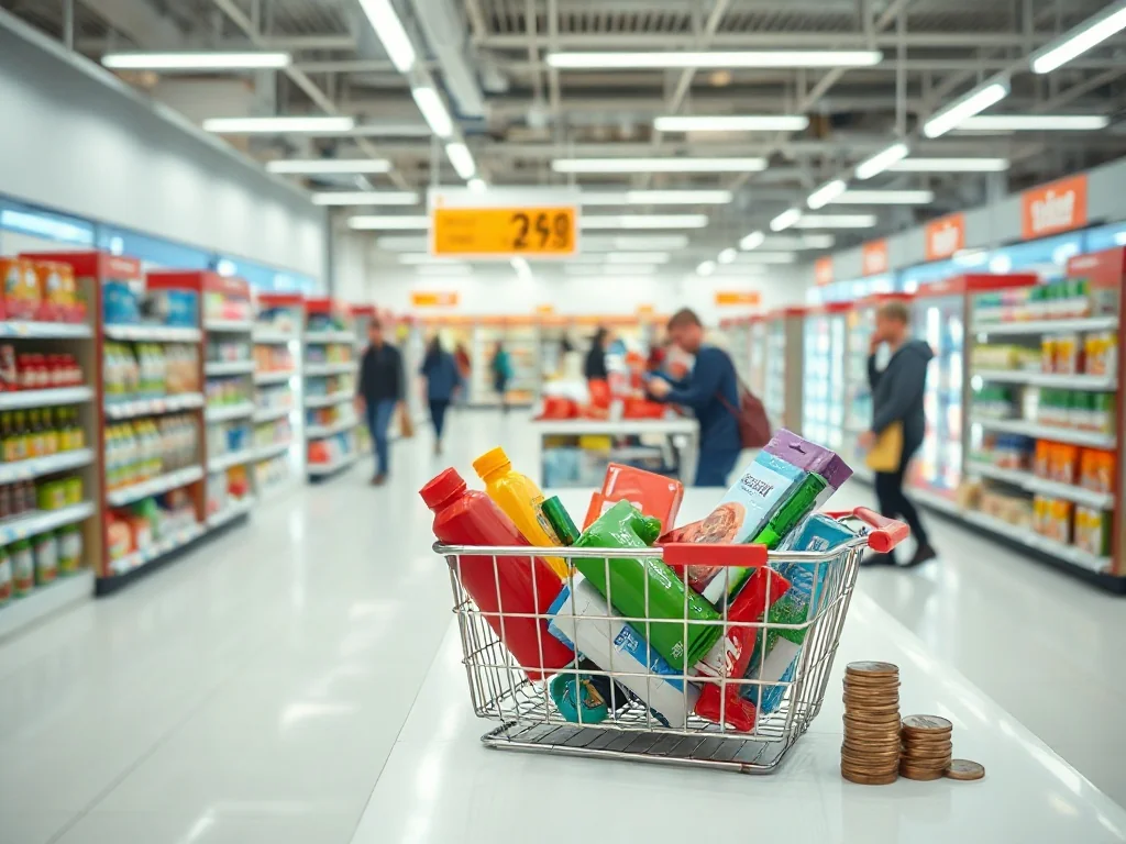Nowoczesne wnętrze sklepu Dealz, koszyk pełen produktów przy kasie i monety obok symbolizujące zysk z franczyzy.