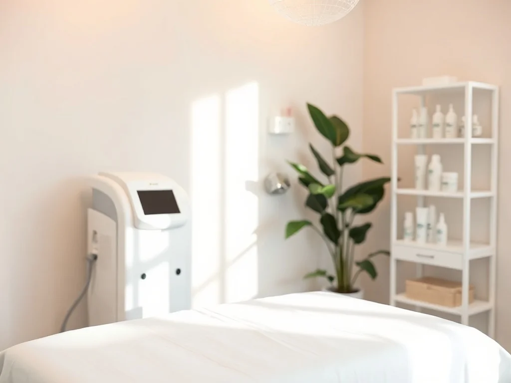 Nowoczesny gabinet depilacji laserowej z aparatem i łóżkiem zabiegowym, podkreślający profesjonalne, przytulne wnętrze salonu.