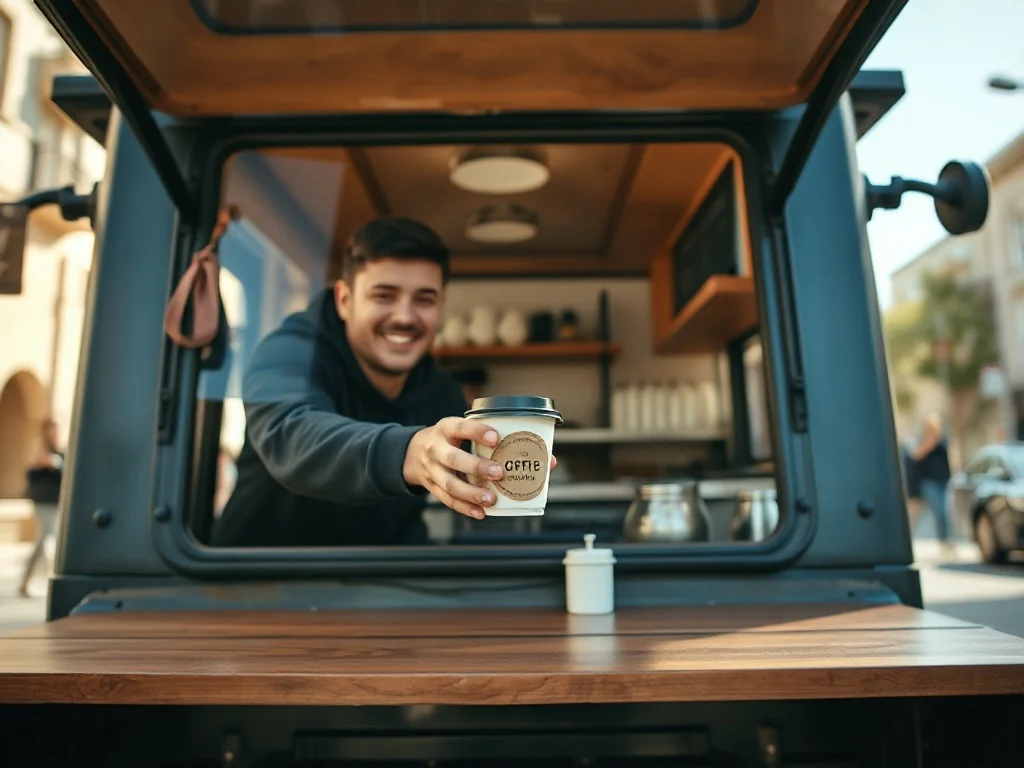 Przytulna mobilna kawiarnia serwująca kawę na wynos na miejskiej ulicy, barista podaje kubek klientowi z okienka trucka.