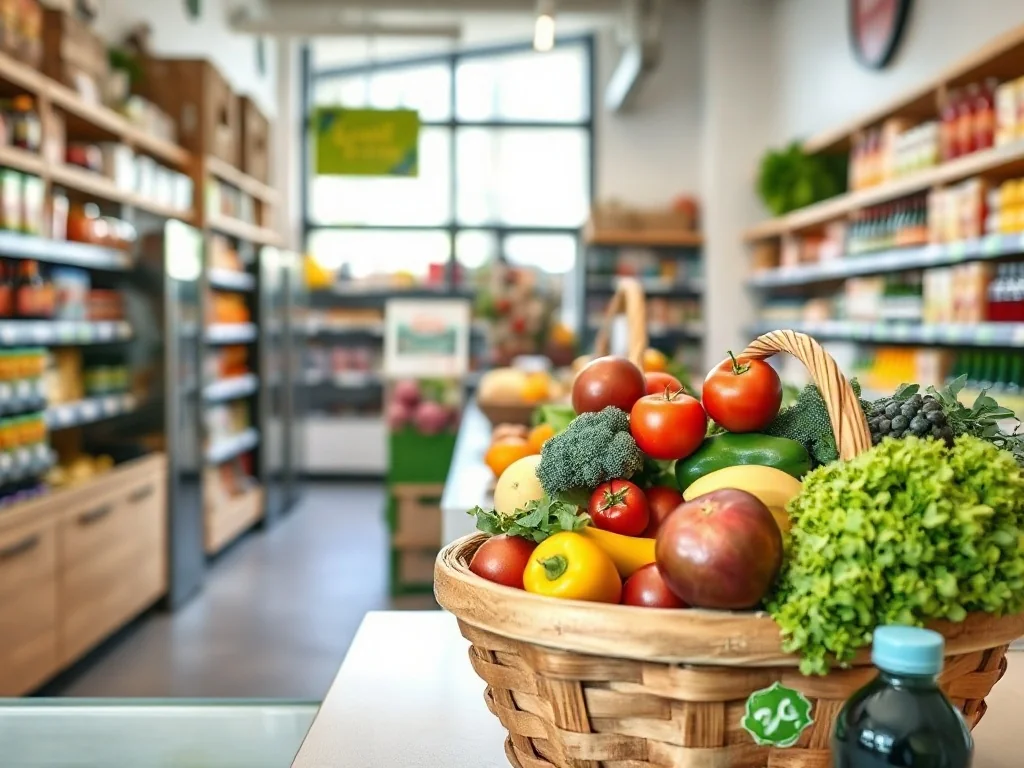 Jasne, nowoczesne wnętrze sklepu Odido z koszem świeżych warzyw i owoców na ladzie, w tle regały z produktami spożywczymi