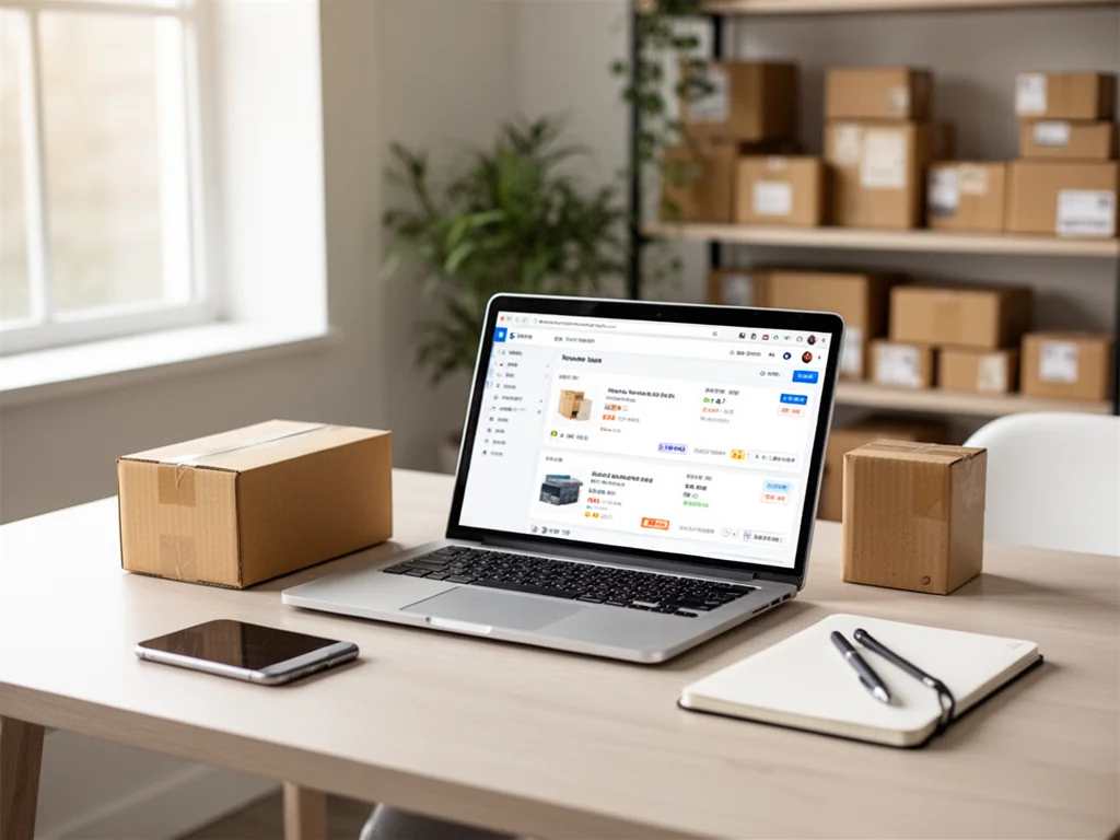 Minimalistyczne biuro domowe z laptopem i paczkami, symbolizujące profesjonalny biznes e‑commerce i dropshipping.