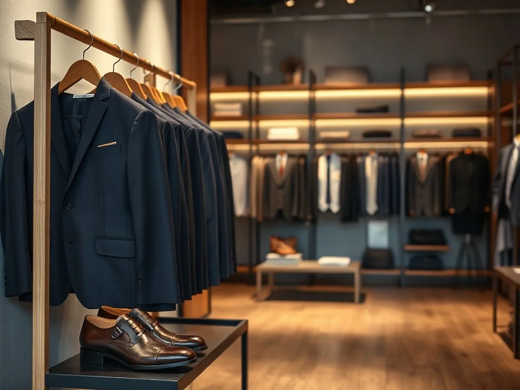 Elegancki butik Recman z klasycznymi garniturami i butami męskimi, podkreślający styl i jakość marki.