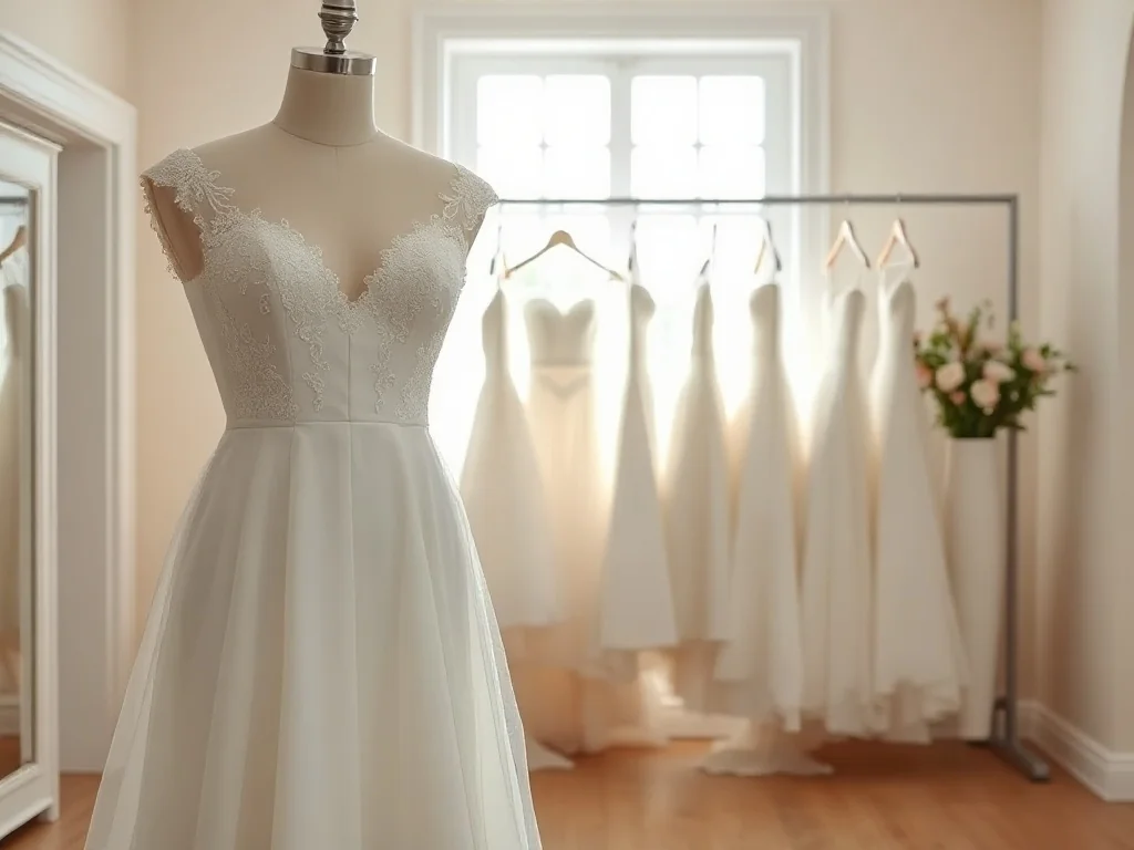 Elegancki, jasno oświetlony salon sukien ślubnych z manekinem w białej sukni na pierwszym planie i rzędem sukien w tle.