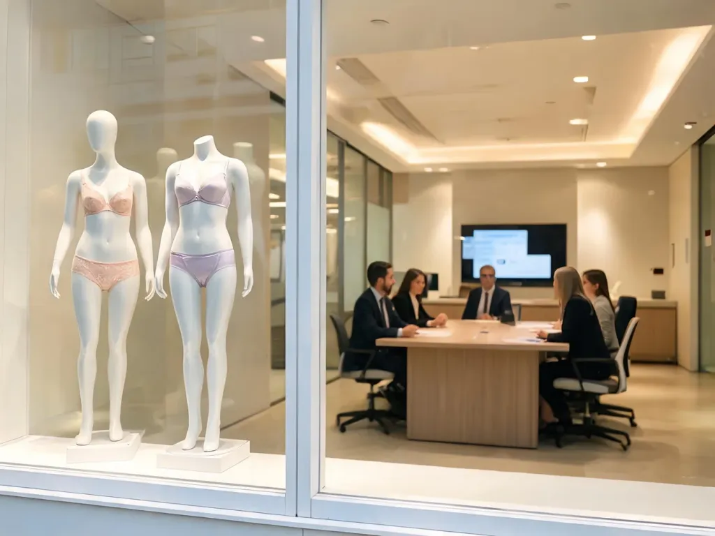 Luksusowa witryna z pastelową bielizną Victoria’s Secret na tle biurowego spotkania właścicieli marki