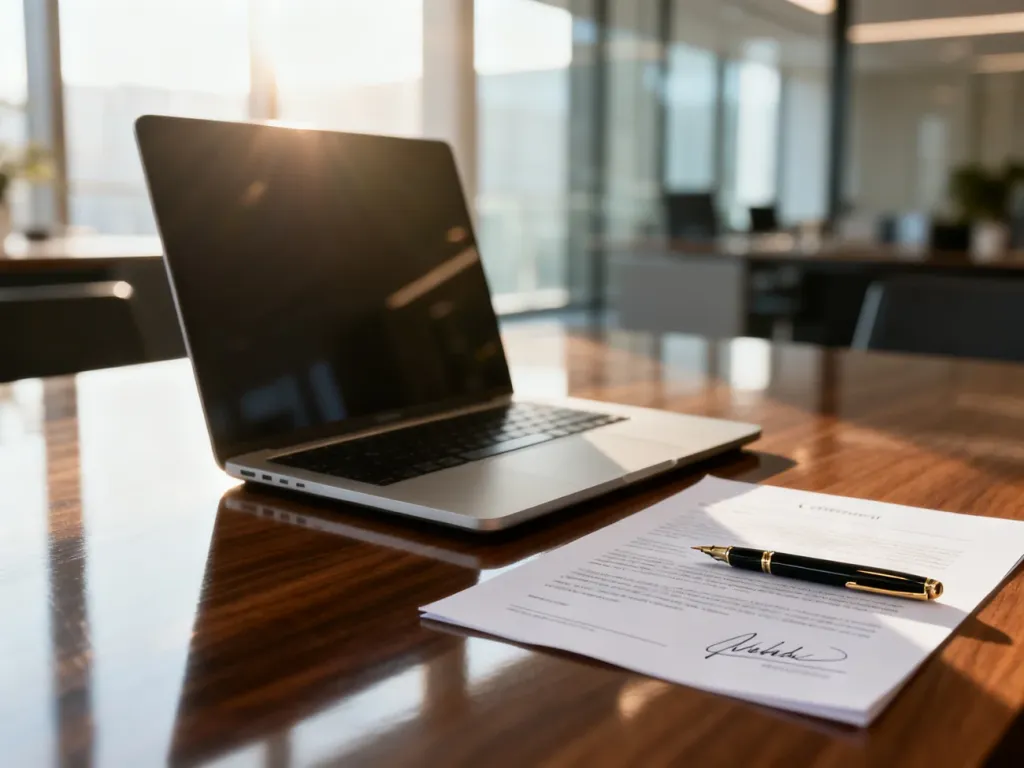 Podpisana umowa B2B leżąca na biurku obok laptopa i pióra, symbolizująca profesjonalną współpracę biznesową.